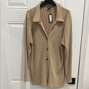 Brand new with tags taupe, knitted rib button front collared cardigan. Size 18